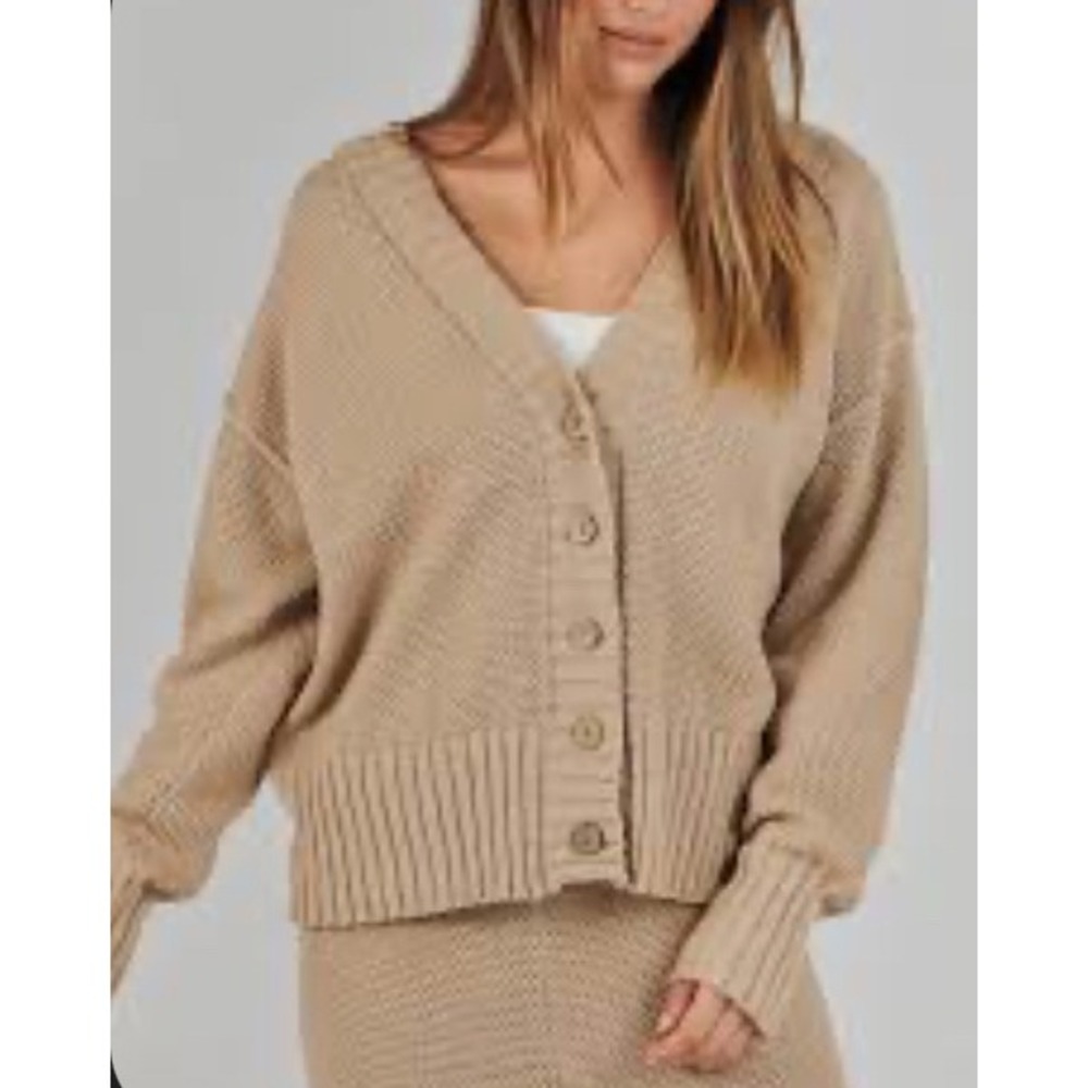 ANRABESS Knit‎ Cardigan Sweater Button Down V Neck Ribbed Trim Tan Size Medium